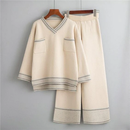 Damen-zweiteiliges Set, V-Ausschnitt, lange Ärmel, Polyester, Elasthan-2