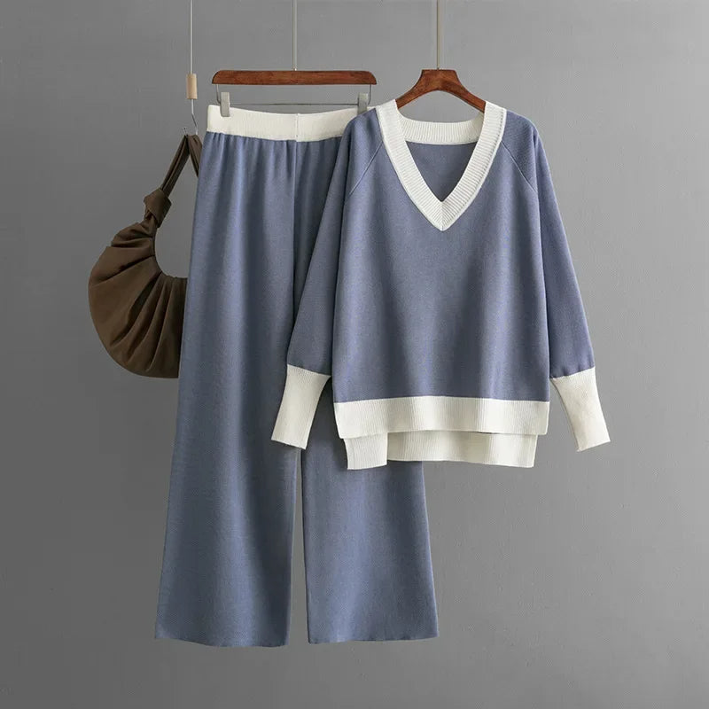 Variant image for Damen-Set mit langärmeligem Pullover und Hose, V-Ausschnitt, weiches Polyester-4