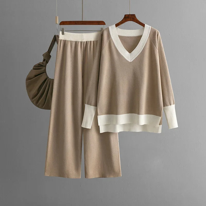 Variant image for Damen-Set mit langärmeligem Pullover und Hose, V-Ausschnitt, weiches Polyester-3