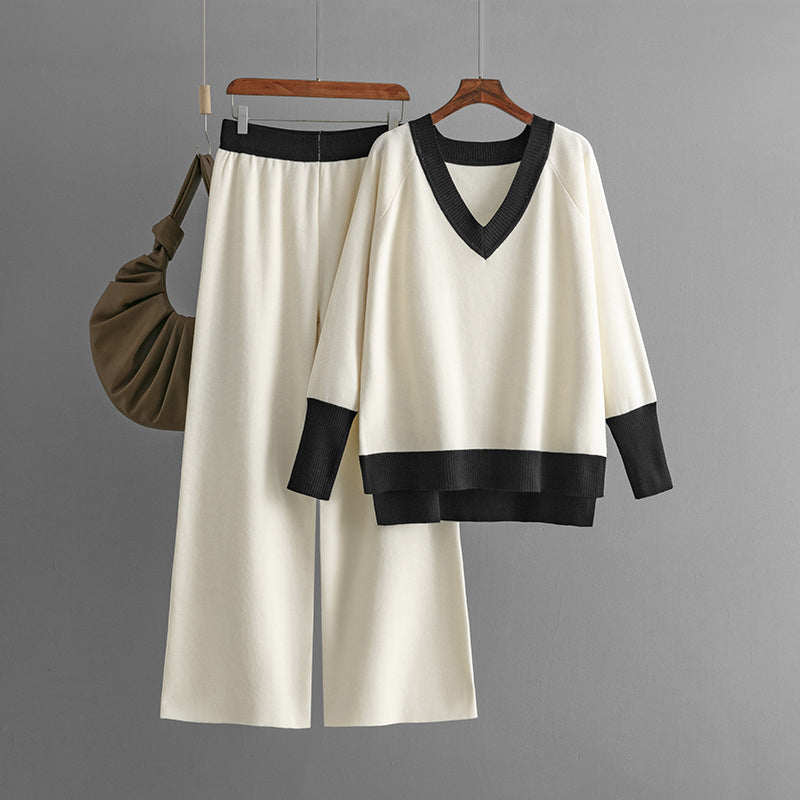 Damen-Set mit langärmeligem Pullover und Hose, V-Ausschnitt, weiches Polyester-1