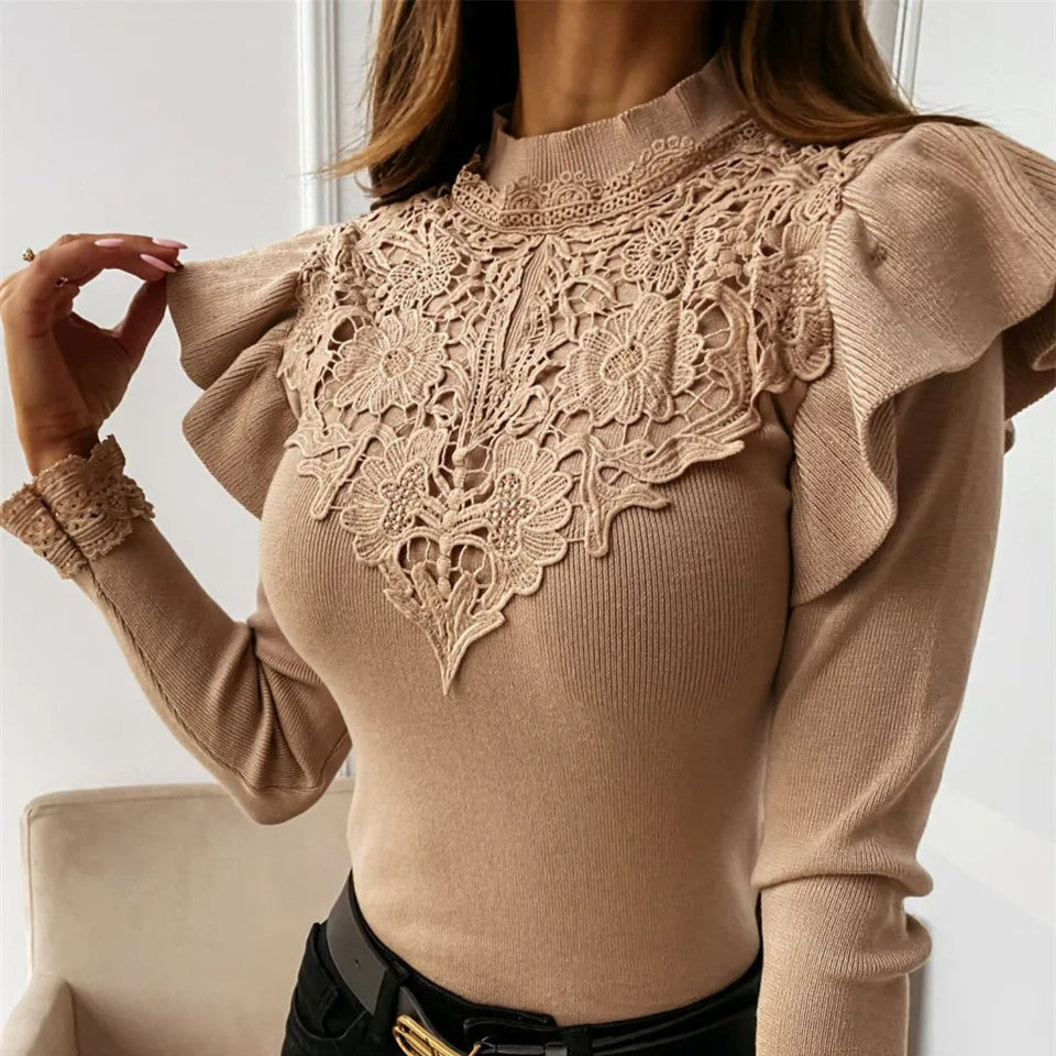 Damen-Strickpullover, mit Rüschen und Spitzen aus weicher Qualität-3