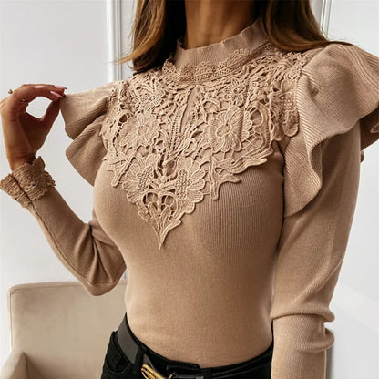 Damen-Strickpullover, mit Rüschen und Spitzen aus weicher Qualität-3