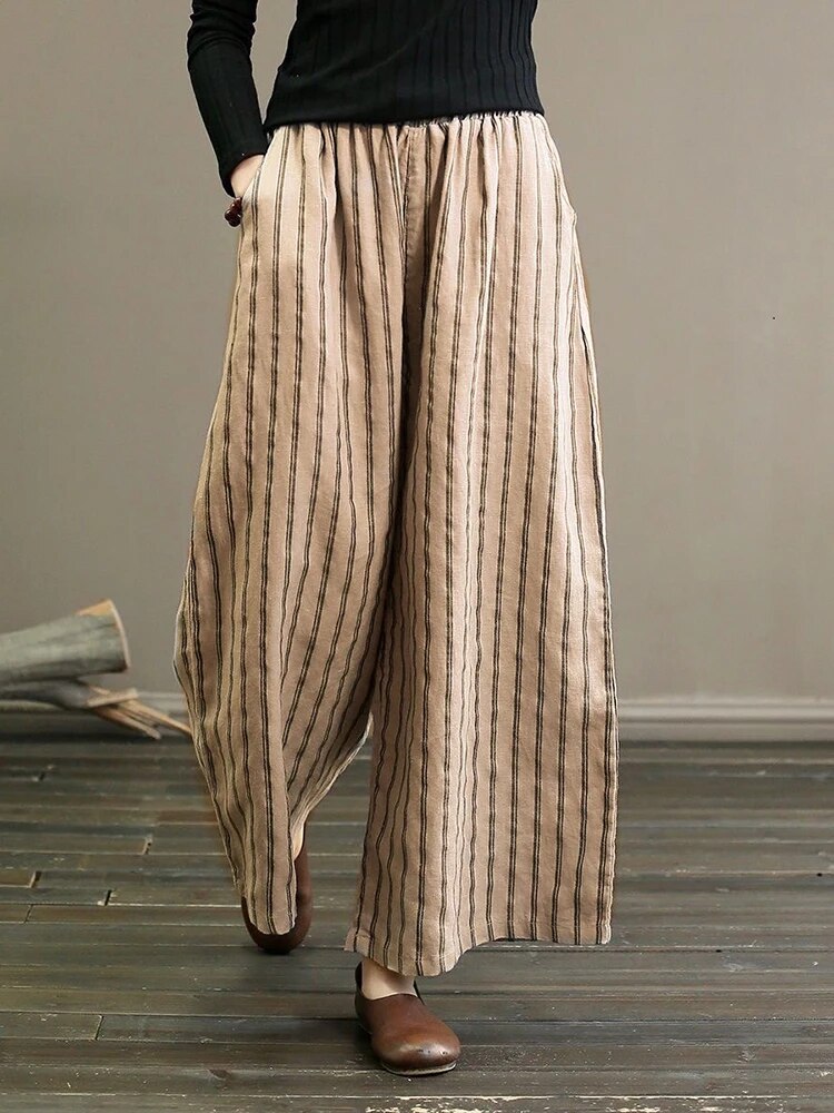 Variant image for Damen-Hose, hohe Taille, gestreiftes Baumwoll-Leinen-16