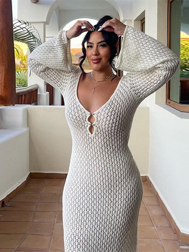 Maxikleid Damen V-Ausschnitt Lange Ärmel Weiches Material-6