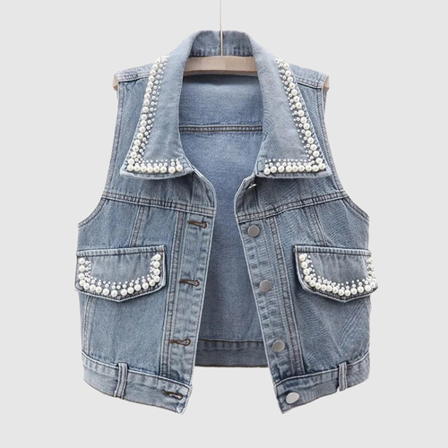 Damen Cardigan aus Denim mit Perlen und Reverskragen-1