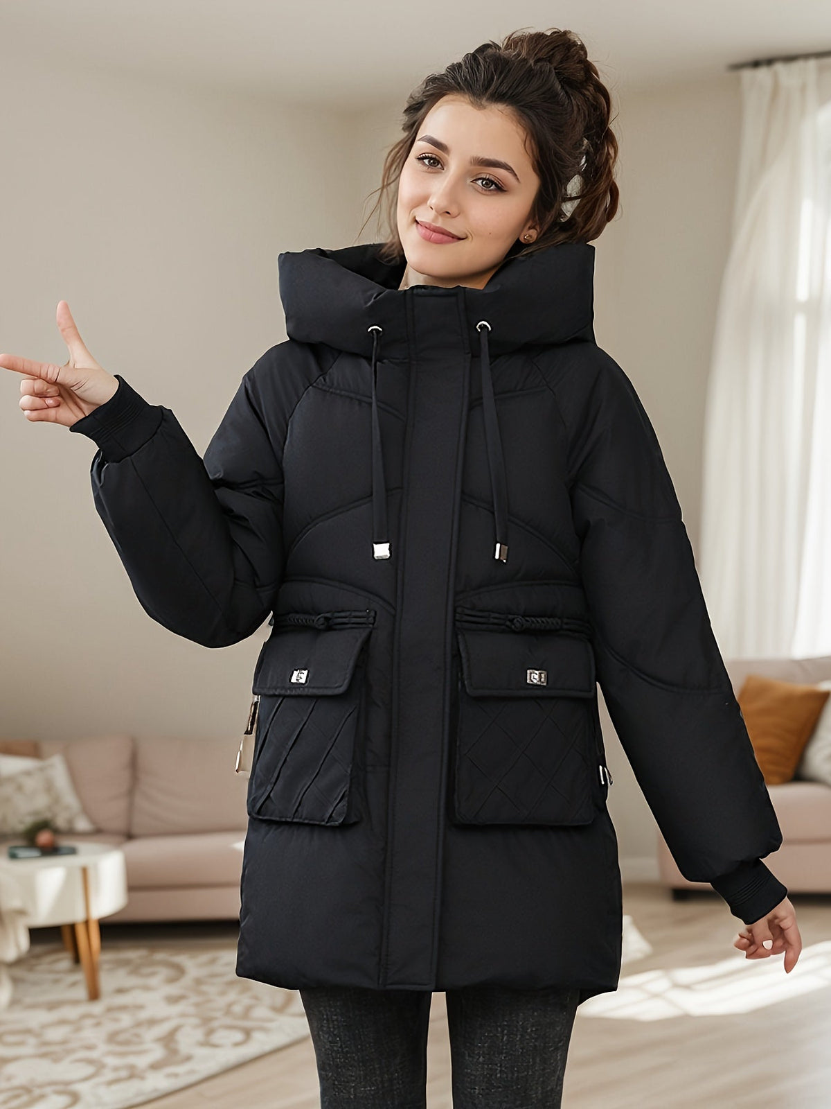 Winterjacke Damen Medium-Lang Gesteppt Polyester-3