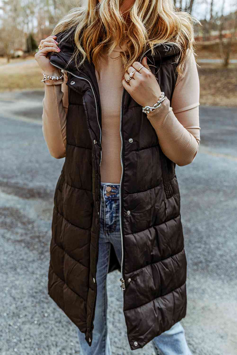 Damen-Mantel Lang Gepolsterte Kapuze Polyester-5