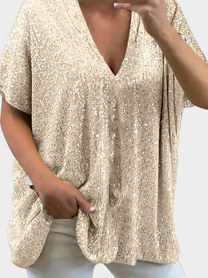 Damen-kurzärmelige Bluse, V-Ausschnitt, mit Pailletten, aus Polyester-1