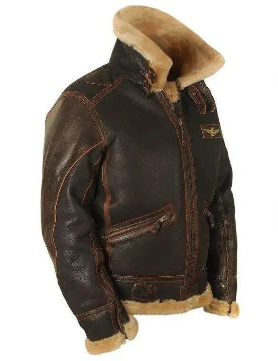 Herren-Pilotjacke, klassisches Lammfell, mit warmem, gefütterter Kragen-5