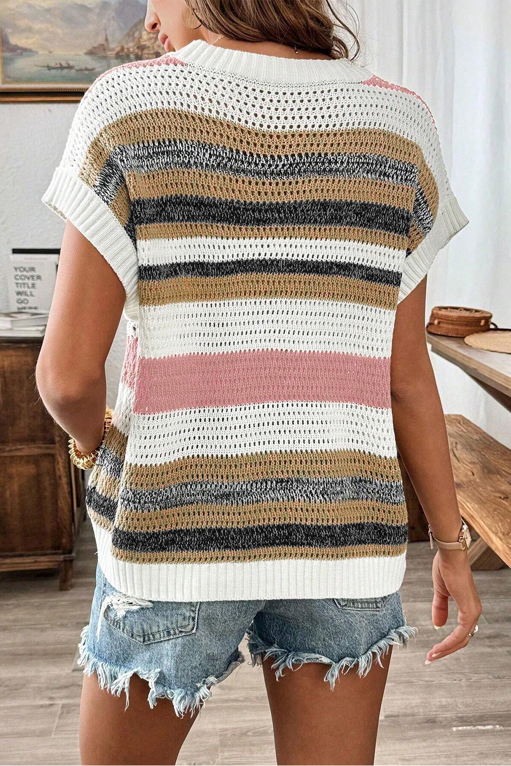 Damen-Stricktop mit Lochmuster 100 % Baumwolle Farbblock-3