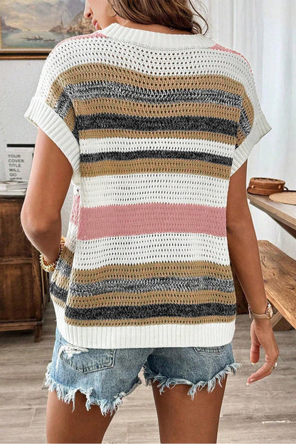 Damen-Stricktop mit Lochmuster 100 % Baumwolle Farbblock-3