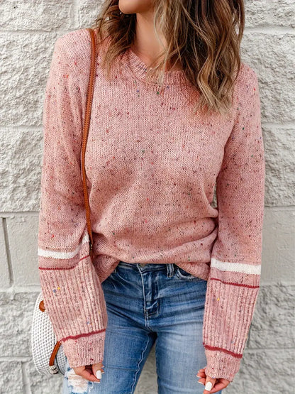 Damen-Strickpullover, fleckige Textur, gerippte Manschetten, Strickmix-2