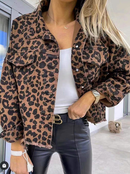 Damen-Jeansjacke, Leopardenmuster, lange Ärmel, Denim-1