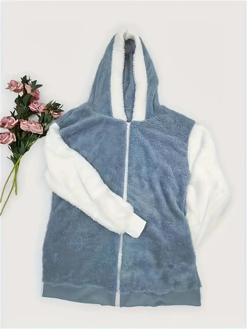 Damenjacke Hoodie Fleece-Material mit Kapuze und Reißverschluss-3