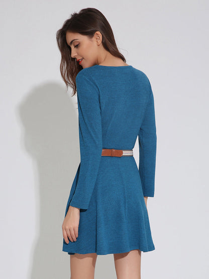 Damen-Minikleid, langärmlig, O-Ausschnitt, monochrom, Polyester-3