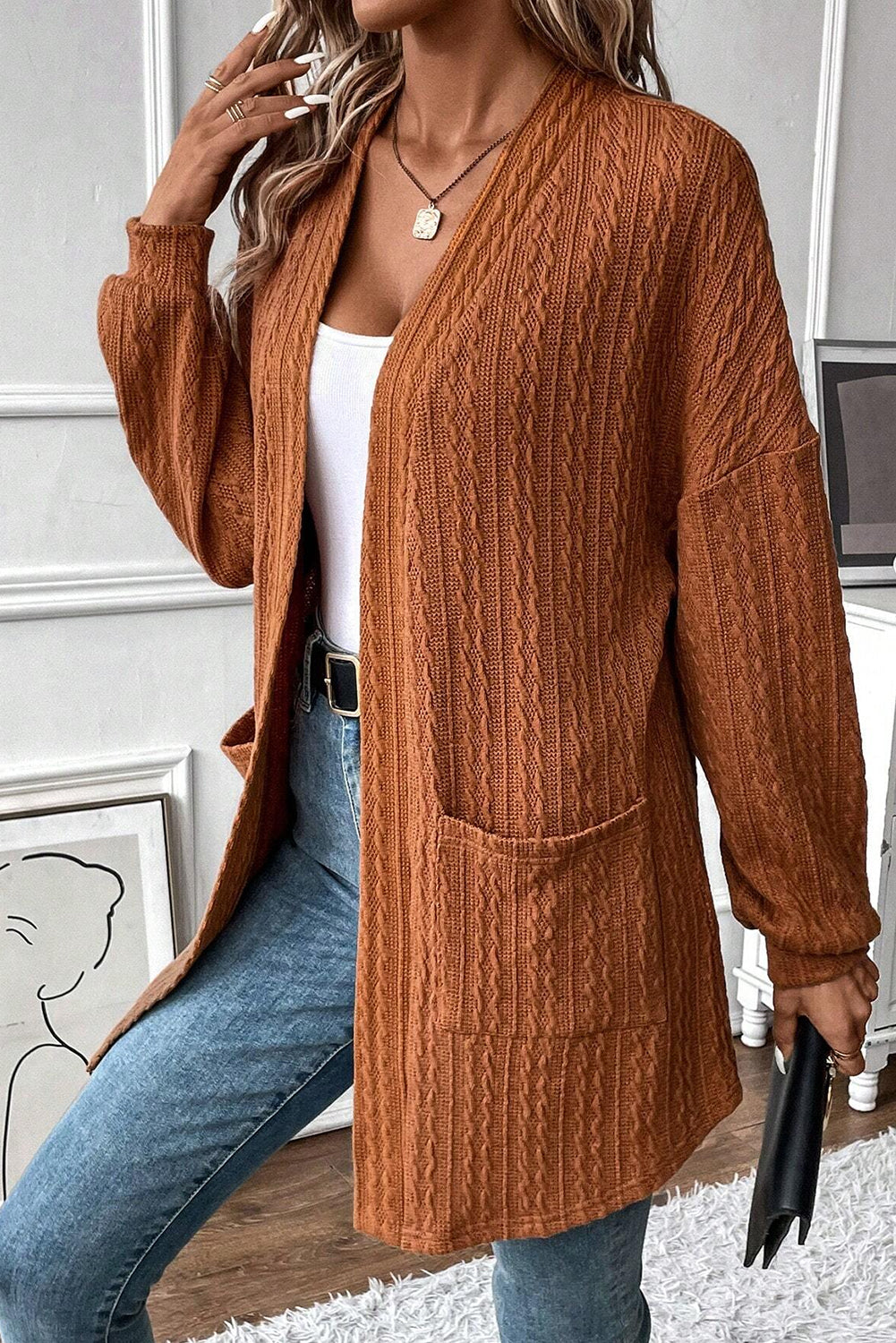 Damen-offene Strickjacke, strukturiert, hochwertiger Stoff mit Seitentaschen-5
