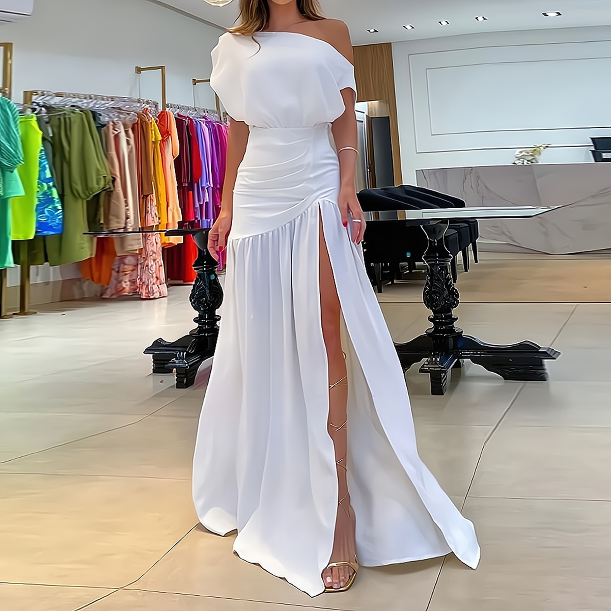 Damen-Partykleid mit einer Schulter und Kaskadenrüschen – Elegantes Kleid für Hochzeiten und Feiern 4