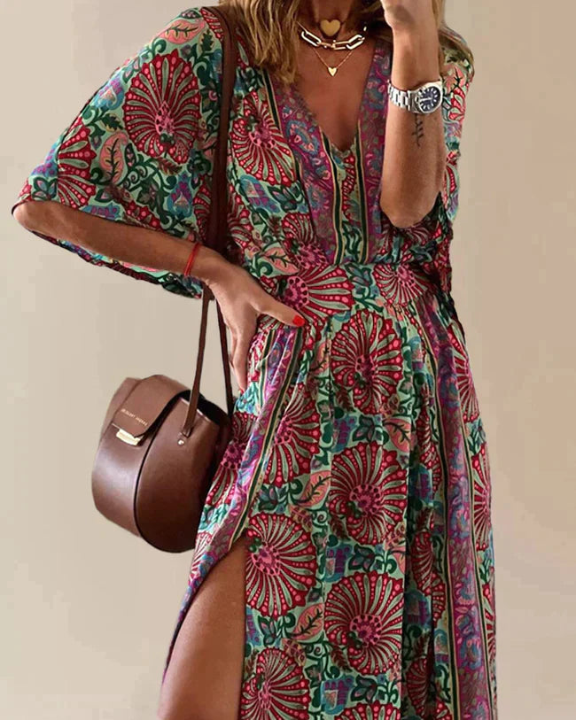 Bohemian-Midikleid für Frauen mit halben Ärmeln und V-Ausschnitt – Weicher und atmungsaktiver Stoff, knitterfreies Design 2