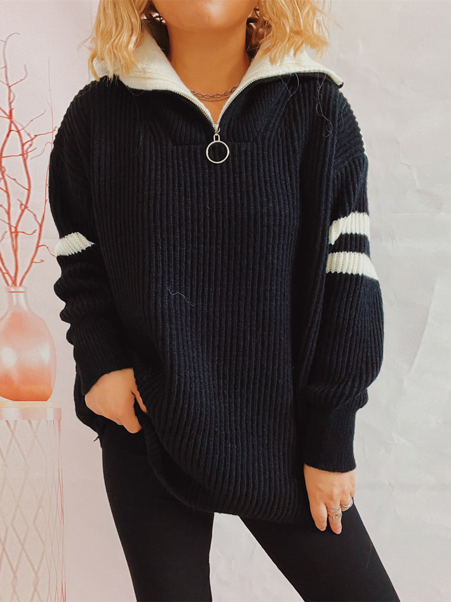 Damen-Half-Zip-Strickpullover, zweifarbig, rippstrick, weiches Material-3