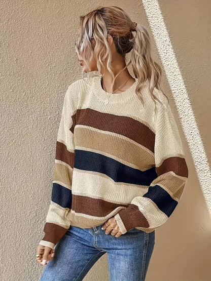 Damen-Strickpullover, Farbblock, runder Ausschnitt, weiche Acrylmischung 6