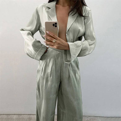 Langes Hemd mit Notch-Lapel und bequemen Hosen aus Seide und Baumwolle für Damen – Elegantes und vielseitiges Outfit 2