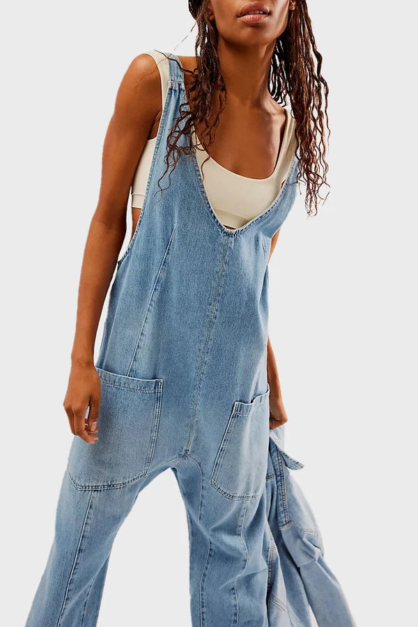 Damen-Overall, tiefer U-Ausschnitt, weite Hosenbeine, hochwertiger Denim-3