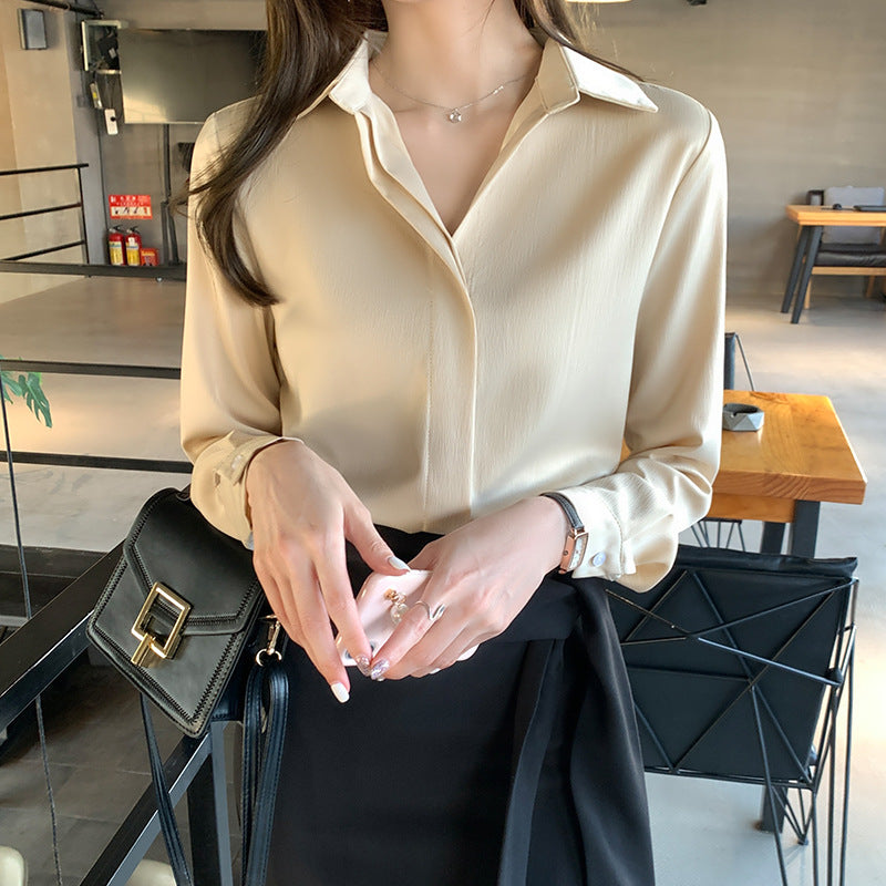 Weiße Langarmbluse für Damen aus Satin mit schmaler Passform – elegante Bluse für Büro und Party 5