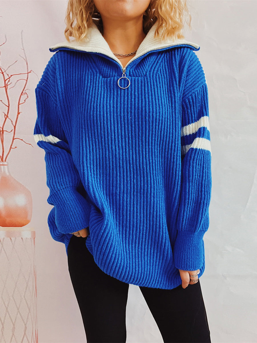 Damen-Half-Zip-Strickpullover, zweifarbig, rippstrick, weiches Material-1