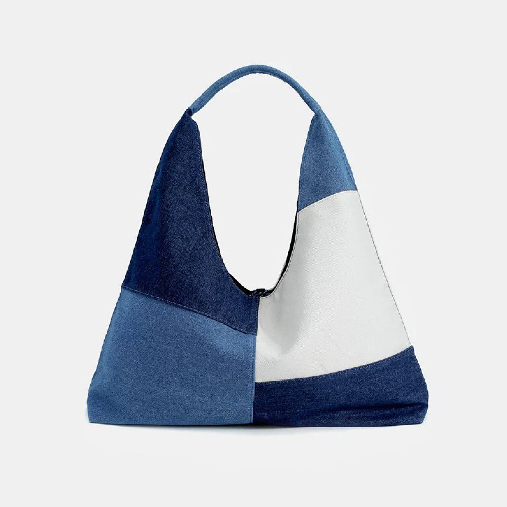 Geräumige Denim-Shoppingtasche für Damen mit Patchwork-Design und Schulterriemen – praktisch und stilvoll 2