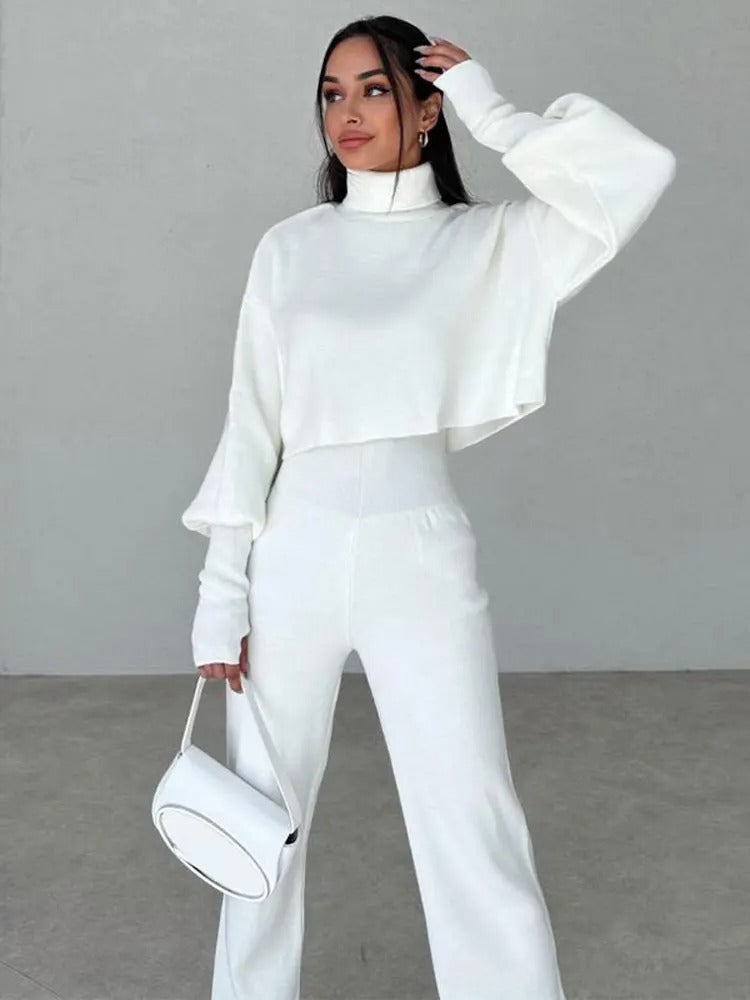 Damen-Rollkragen, Ensemble, kuschelige Hose und Top, weiche Mischung-3