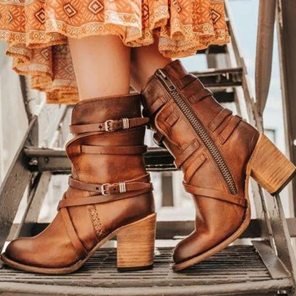 Damen Ankelstiefel Boho Stil PU-Leder mit eckigem Absatz-3