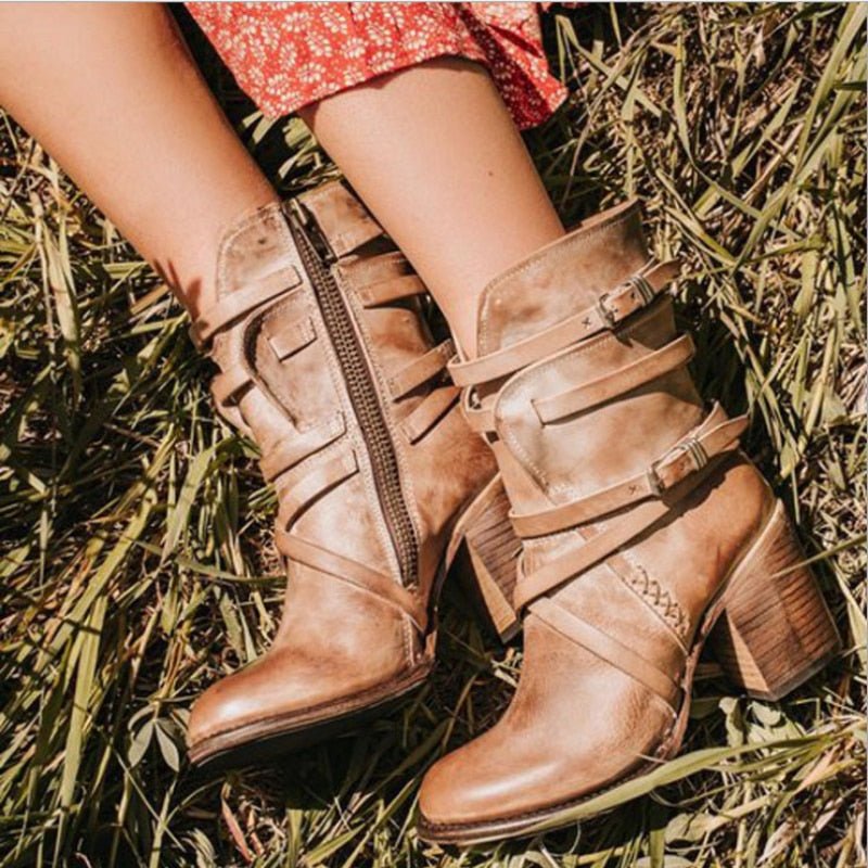 Damen Ankelstiefel Boho Stil PU-Leder mit eckigem Absatz-5