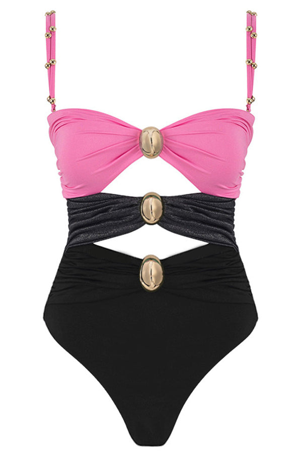 Variant image for Badeanzug Damen Ärmellos Slim Fit mit Patchworkmuster und dekorativem Metallschmuck Polyester-9