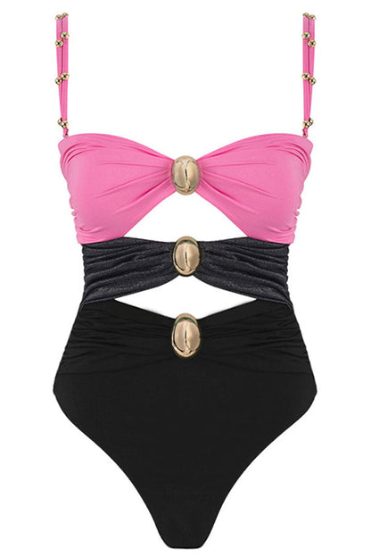 Variant image for Badeanzug Damen Ärmellos Slim Fit mit Patchworkmuster und dekorativem Metallschmuck Polyester-9