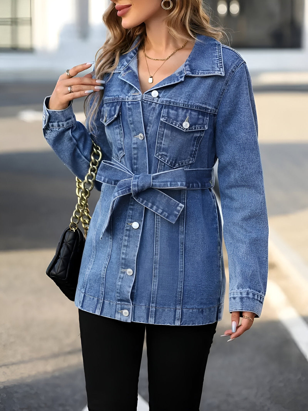 Damen-Jeansjacke mit Schulterriemen aus Denim-4