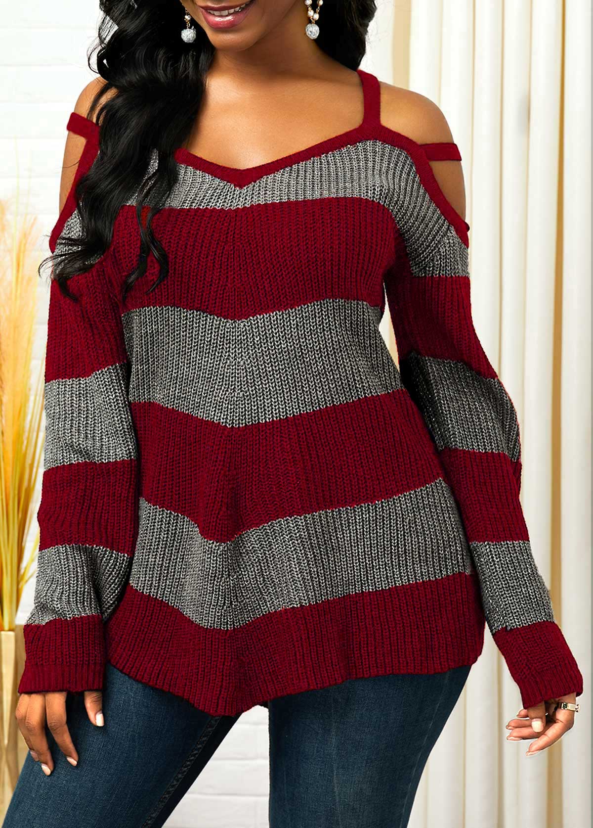 Variant image for Damen-Strickpullover, kalte Schulter, Farbblock-Design, weiches Material-5