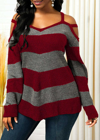 Variant image for Damen-Strickpullover, kalte Schulter, Farbblock-Design, weiches Material-5