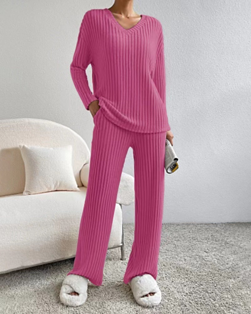 Variant image for Damen-Lounge-Set, gerippter V-Ausschnitt, Pullover, und lockerer Hose, atmungsaktives Material-26