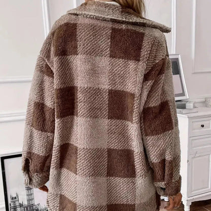 Damen-Mantel, flauschig, Plüsch, mit braun, Karomuster-3
