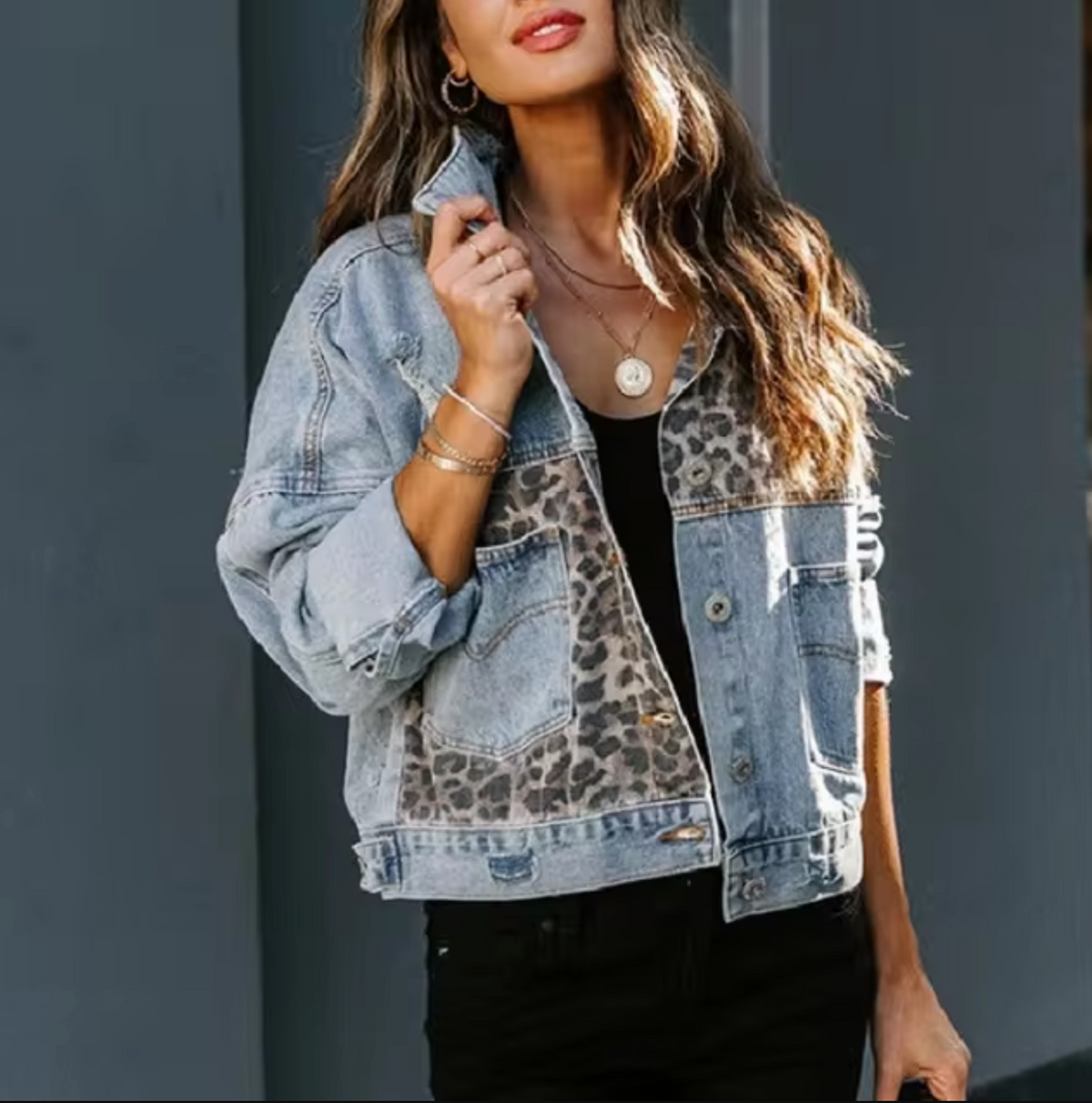 Damen-Jeansjacke Leopardenprint Denim Klassisch-2