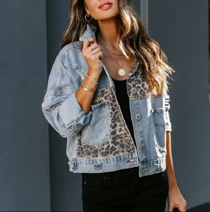 Damen-Jeansjacke Leopardenprint Denim Klassisch-2