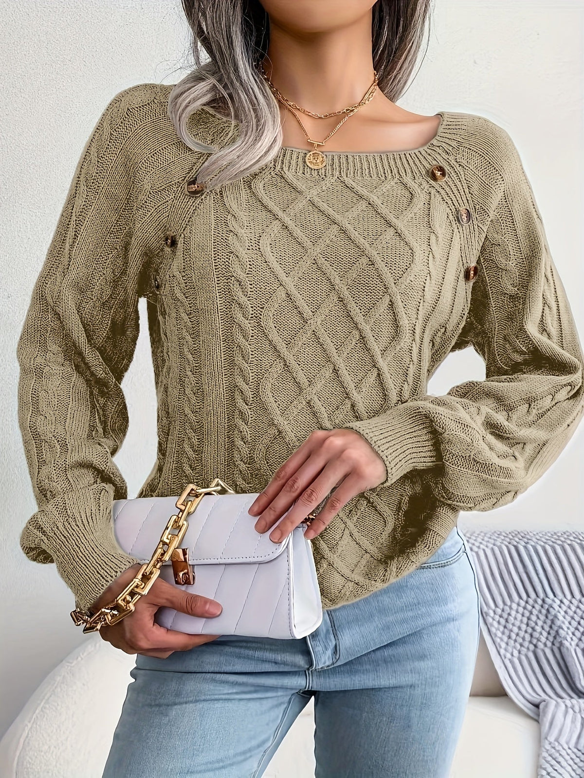 Variant image for Damen-Strickpullover, runder Ausschnitt, Zopfstrick, weiche Acrylmischung-4