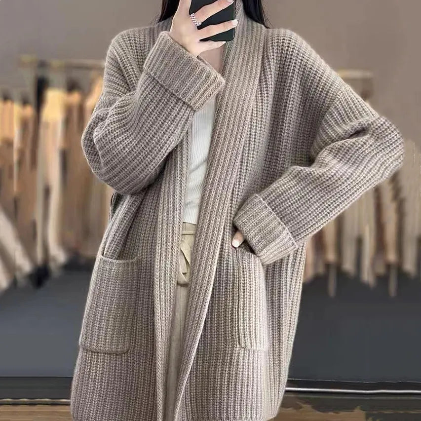 Damen Freizeitpullover Mittellang mit Taschen Hochwertige Stoffe 2