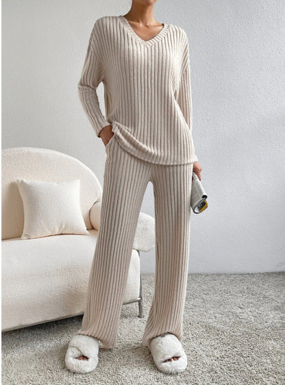 Damen-Lounge-Set, gerippter V-Ausschnitt, Pullover, und lockerer Hose, atmungsaktives Material-1