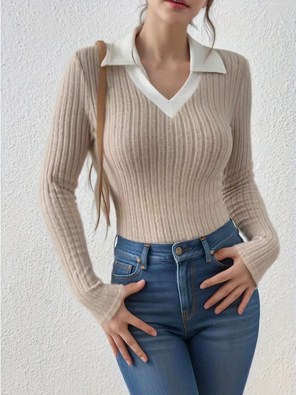 Damen-Pullover, V-Ausschnitt, lange Ärmel, weiches Material-3