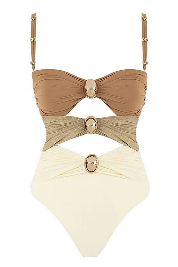 Variant image for Badeanzug Damen Ärmellos Slim Fit mit Patchworkmuster und dekorativem Metallschmuck Polyester-5