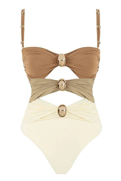 Variant image for Badeanzug Damen Ärmellos Slim Fit mit Patchworkmuster und dekorativem Metallschmuck Polyester-5