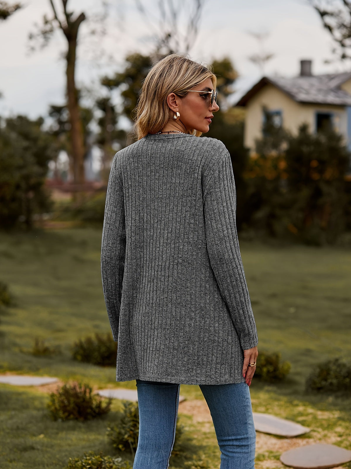 Damen-gestrickter Cardigan, gerippt, Baumwolle, langärmelig, lässig-3