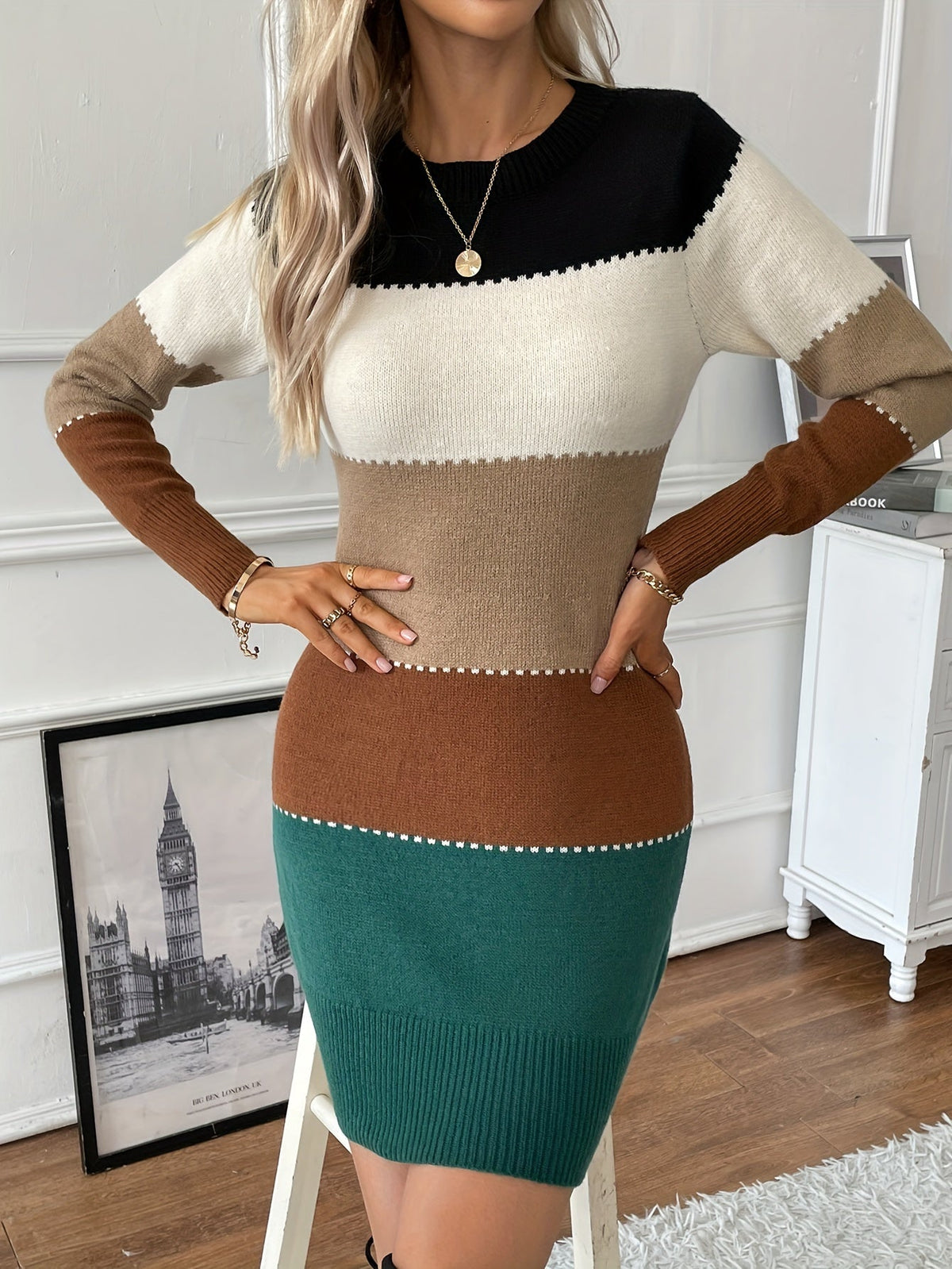 Damen-Kleid, langärmelig, Farbblock, Design, hochwertig, Stoff-1