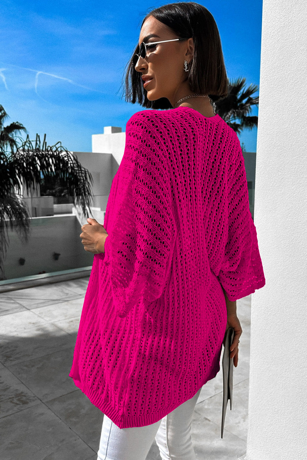Damen-Strickjacke, offenes Design, Dreiviertelärmel, Lochmuster, leichtes Material-5